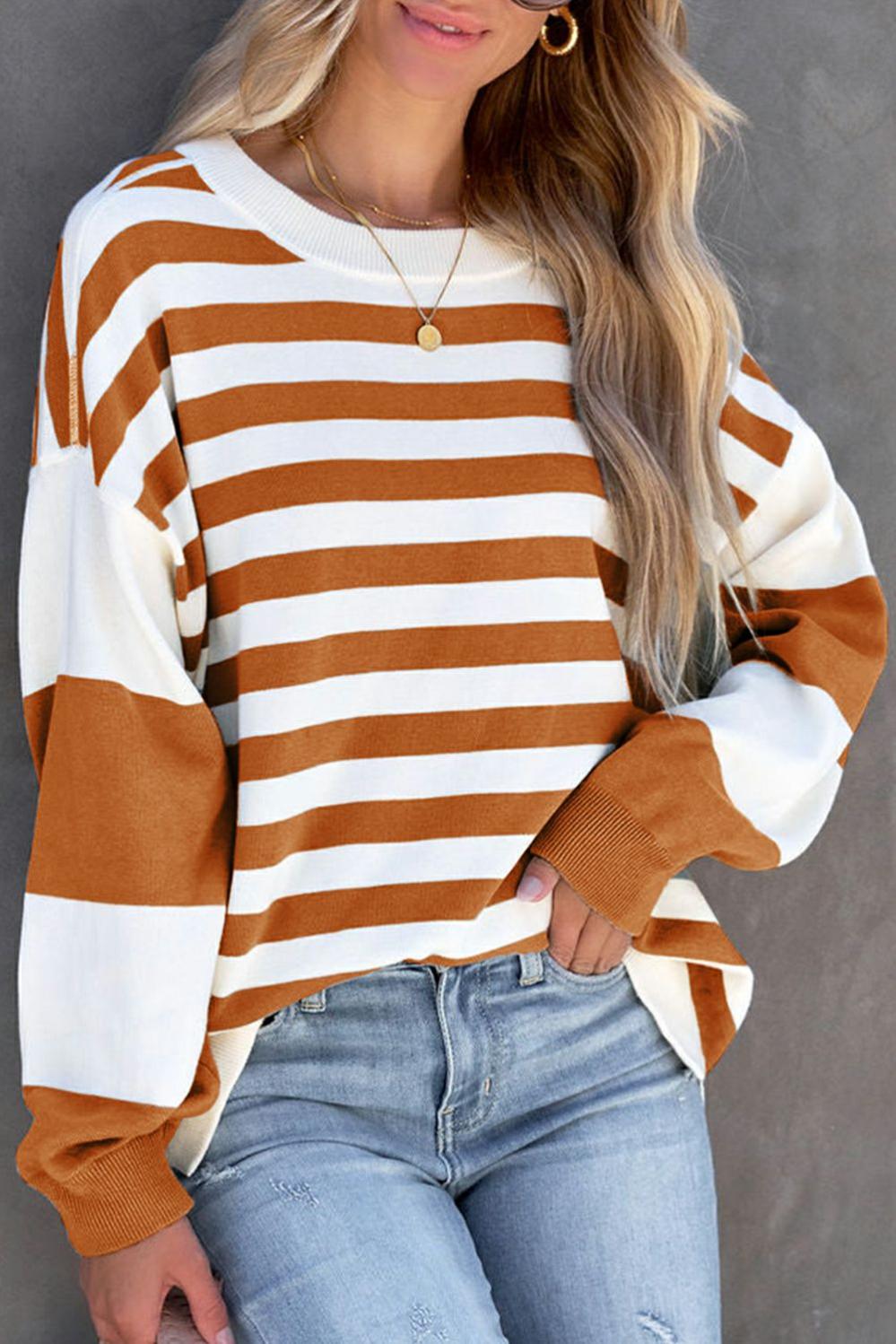 Womens  Sweatshirts & Hoodies | Brown Stripe Drop Shoulder Striped Pullover Sweatshirt Sweatshirts & Hoodies Brown