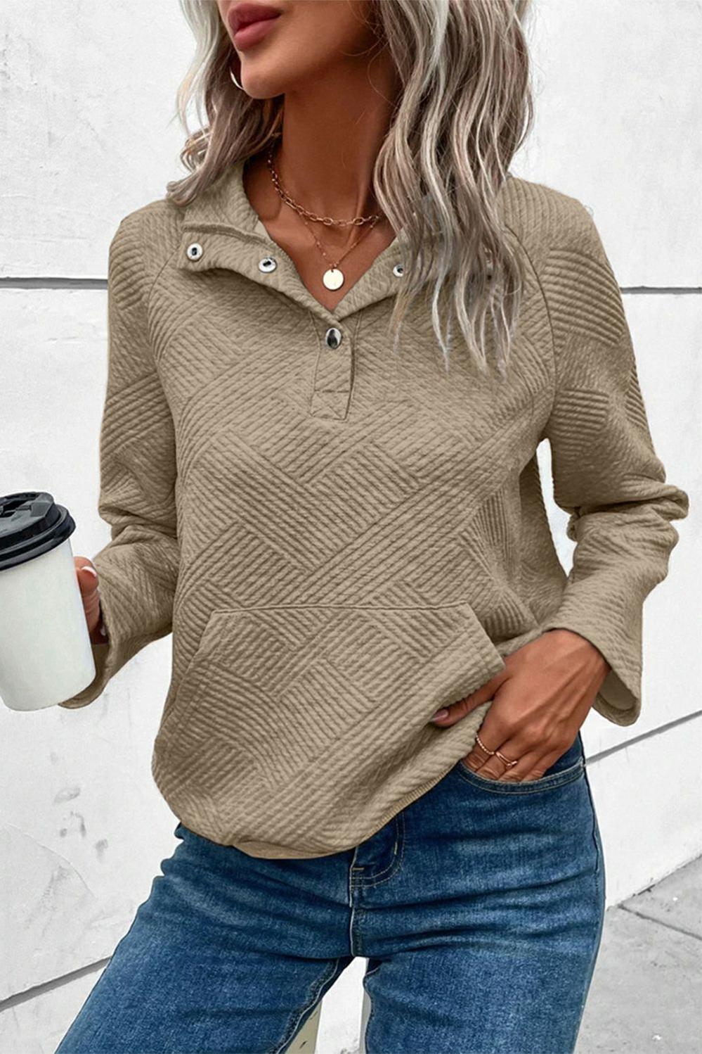 Womens  Sweatshirts & Hoodies | Pale Khaki Textured Knit Buttoned Kangaroo Pocket Sweatshirt Sweatshirts & Hoodies Pale Khaki