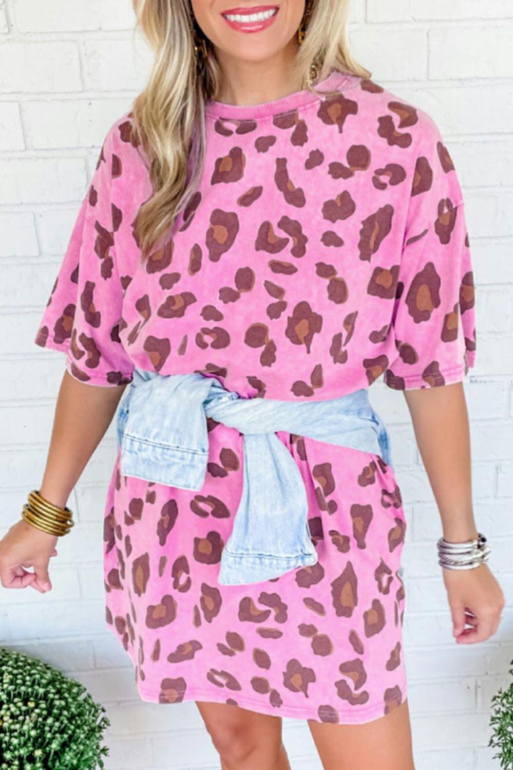 Womens  T Shirt Dresses | Pink Leopard Mineral Wash Side Pocket Shift Mini Dress DRESSES Pink