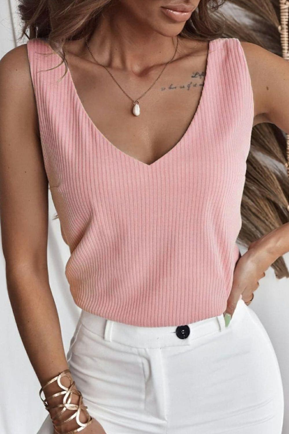 Womens  Tank Tops | Light Pink V Neck Rib Textured Tank Top Tank Tops Light Pink