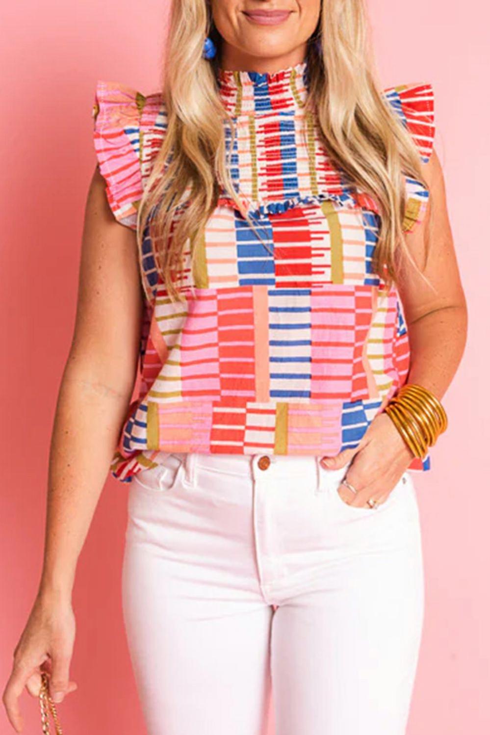 Womens  Tank Tops | Multicolour Striped High Neck Flutter Tank Top TOPS Multicolour