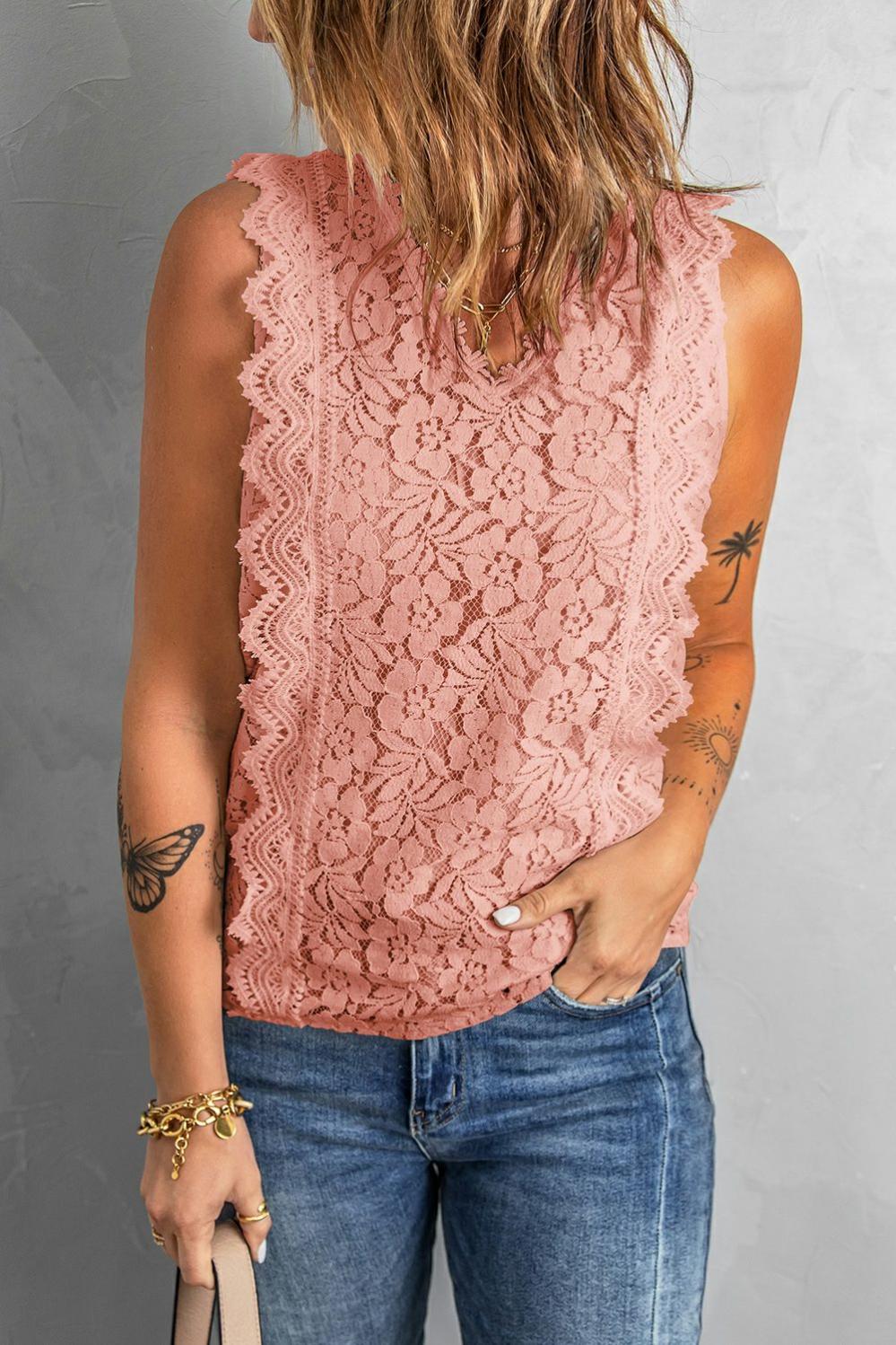 Womens  Tank Tops | Pink Lace V Neck Tank Top Tank Tops Pink