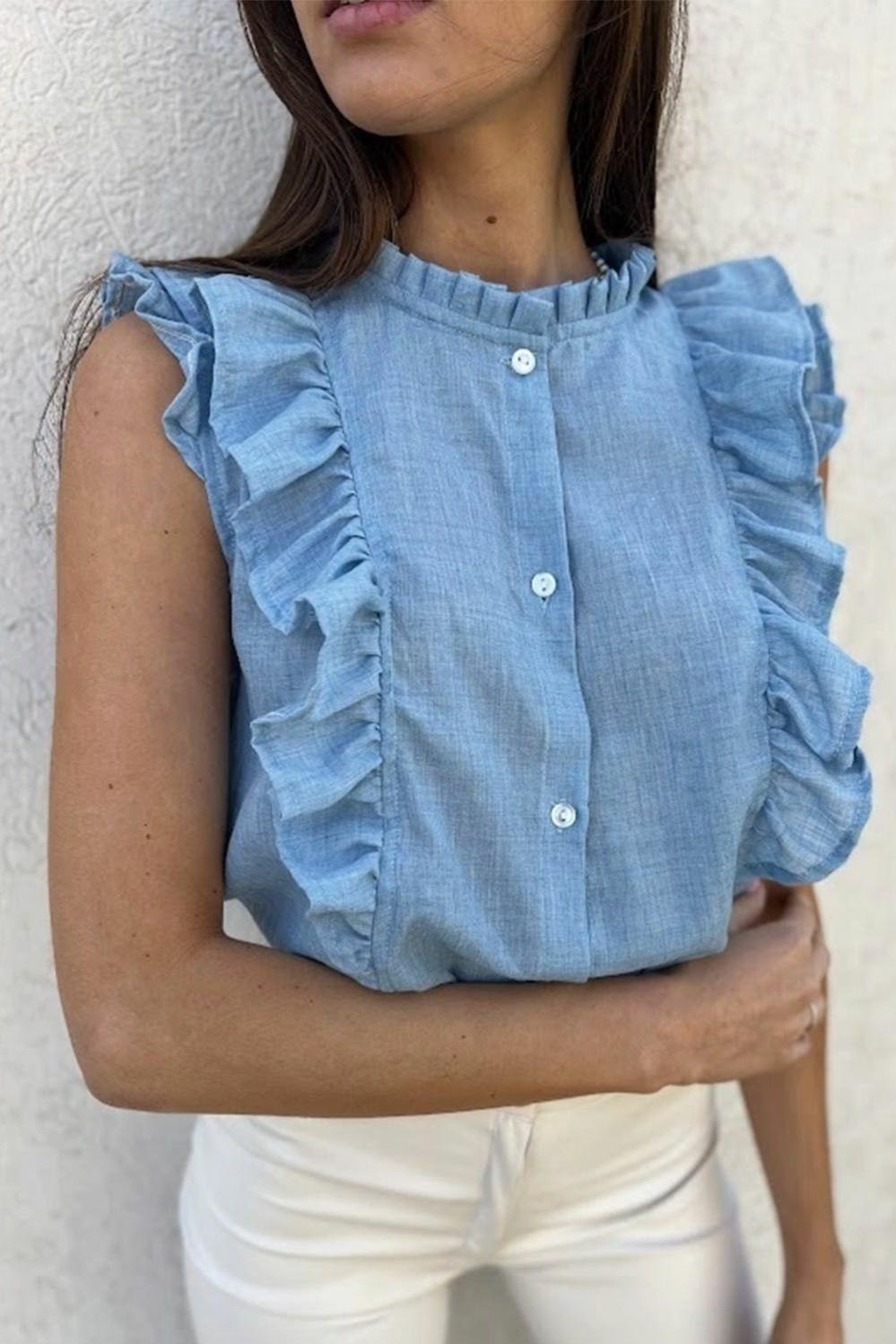 Womens  Tank Tops | Sky Blue Ruffle Trim Soft Lightweight Sleeveless Shirt Tank Tops Sky Blue