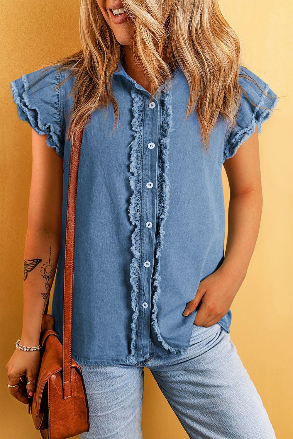 Womens  Tops & Tees | Ashleigh Blue Button Front Ruffled Flutter Frayed Denim Top TOPS Ashleigh Blue