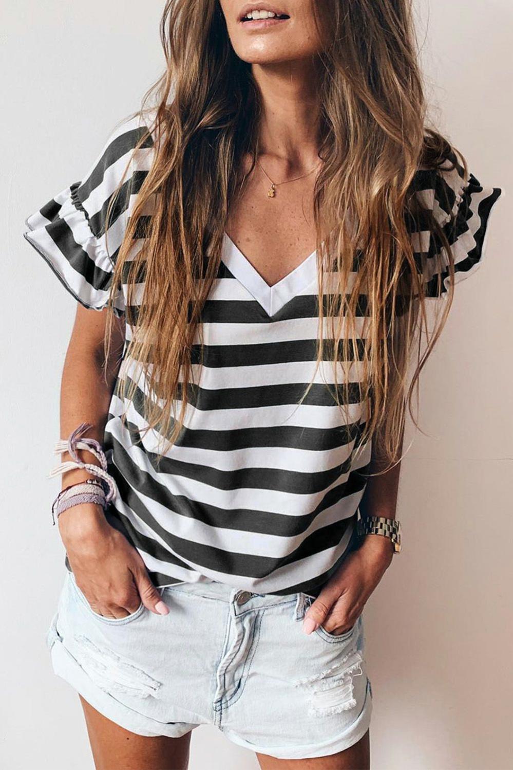 Womens  Tops & Tees | Black Striped V Neck Ruffle Sleeve Top TOPS Black