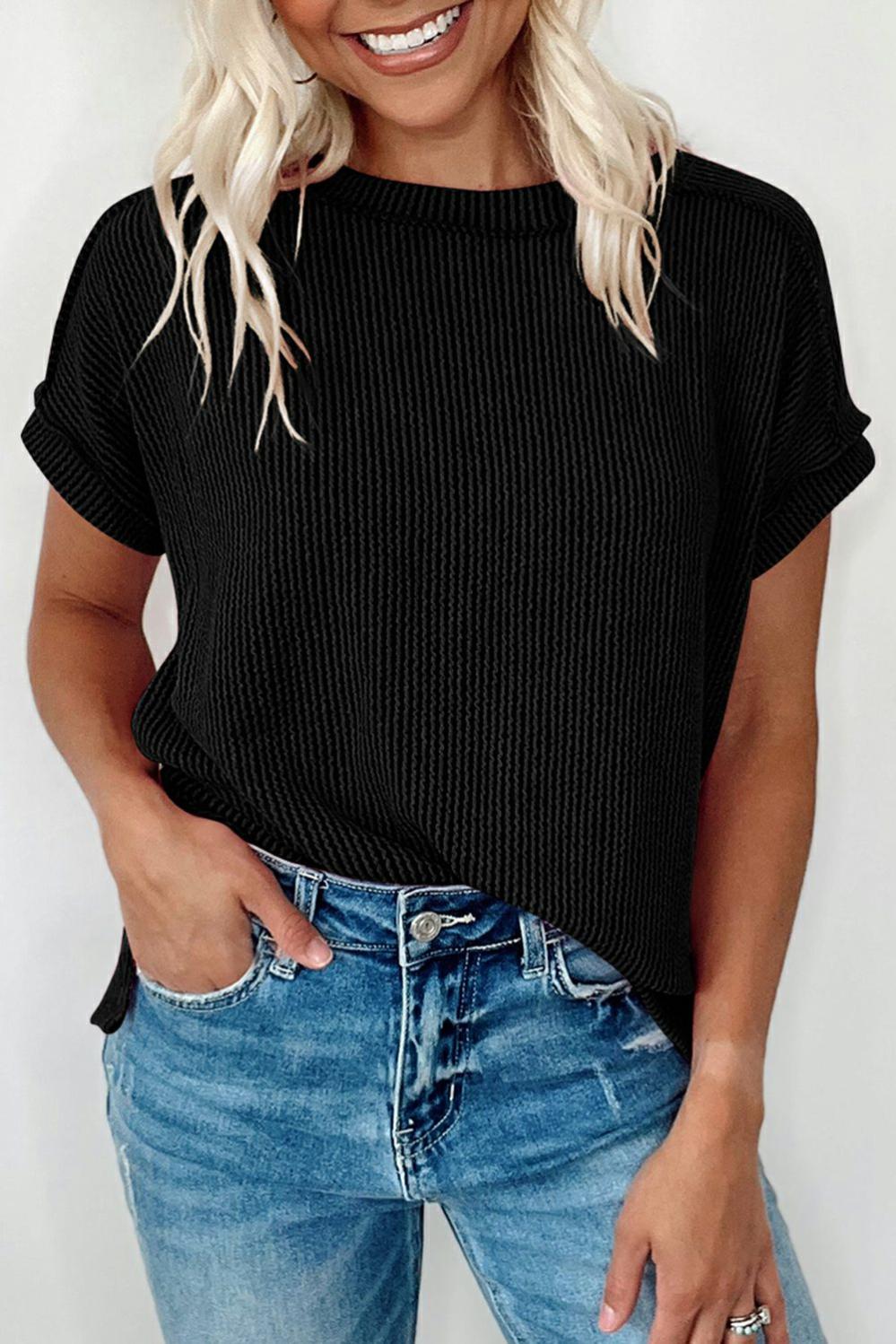 Womens  Tops & Tees | Black Textured Knit Exposed Stitching T-shirt TOPS Black