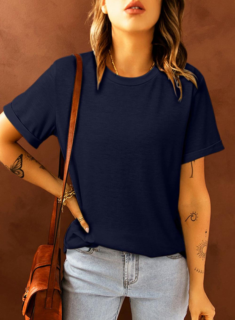 Womens  Tops & Tees | Blue Solid Color Crew Neck Tee TOPS Blue