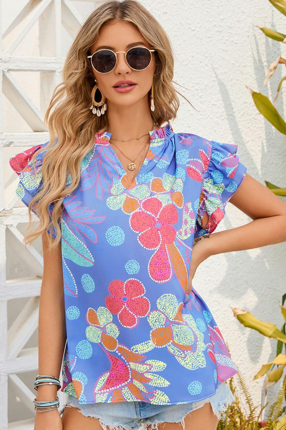 Womens  Tops & Tees | Blue Split V Neck Flutter Floral Top TOPS Blue