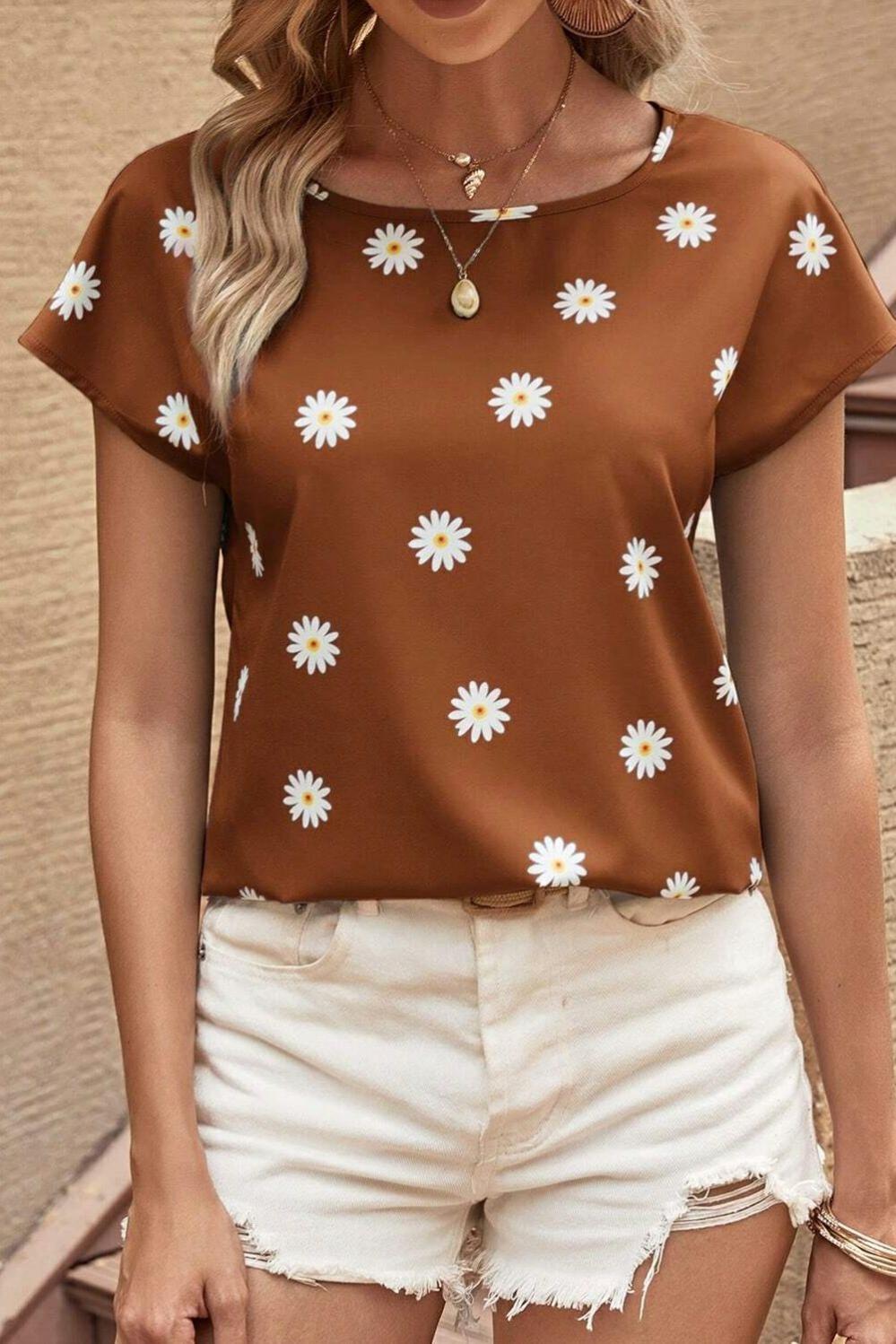 Womens  Tops & Tees | Chestnut Daisy Print Short Sleeve Top TOPS Chestnut