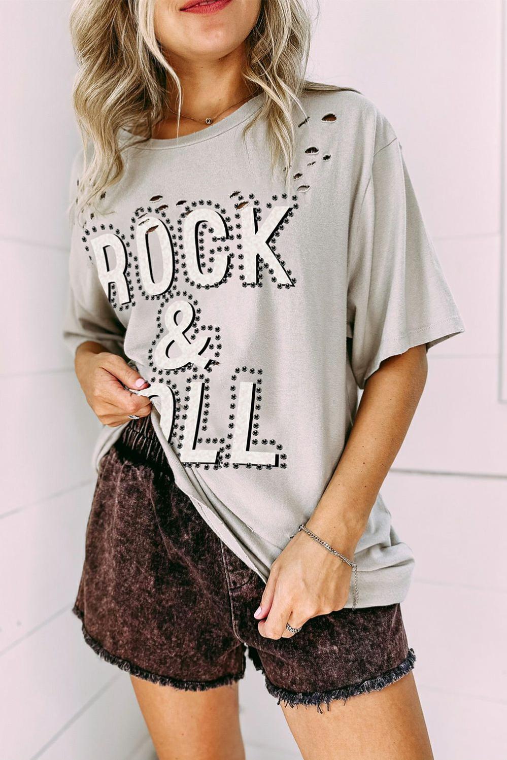 Womens  Tops & Tees | Gray Rock & Roll Graphic Distressed Vintage Tee TOPS Gray