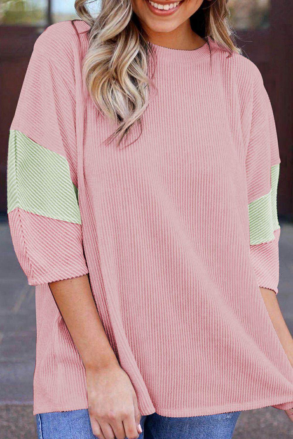 Womens  Tops & Tees | Light Pink Color Block Ribbed Knit Quarter Sleeve Top TOPS Light Pink