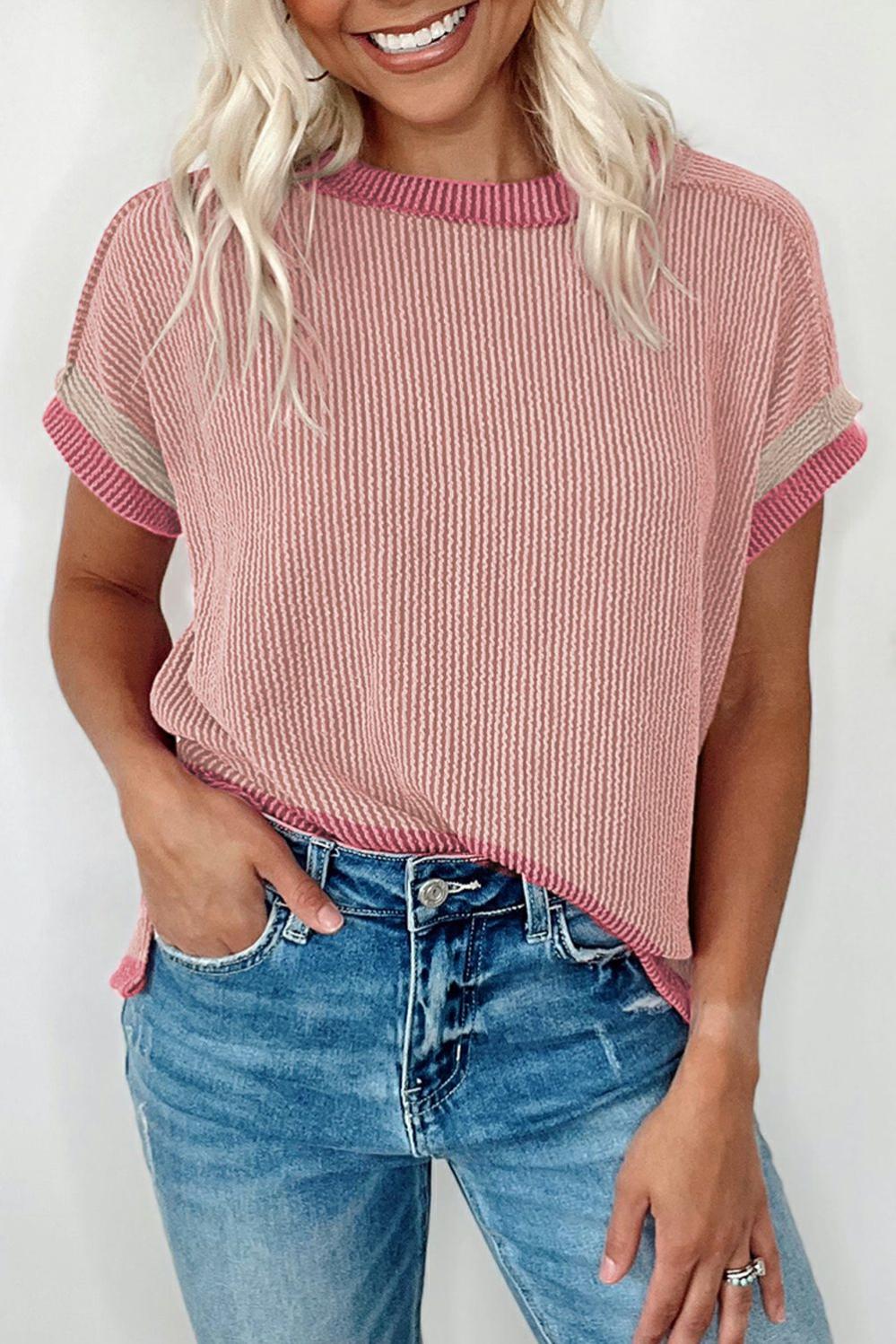 Womens  Tops & Tees | Light Pink Textured Contrast Trim Round Neck T Shirt TOPS Light Pink