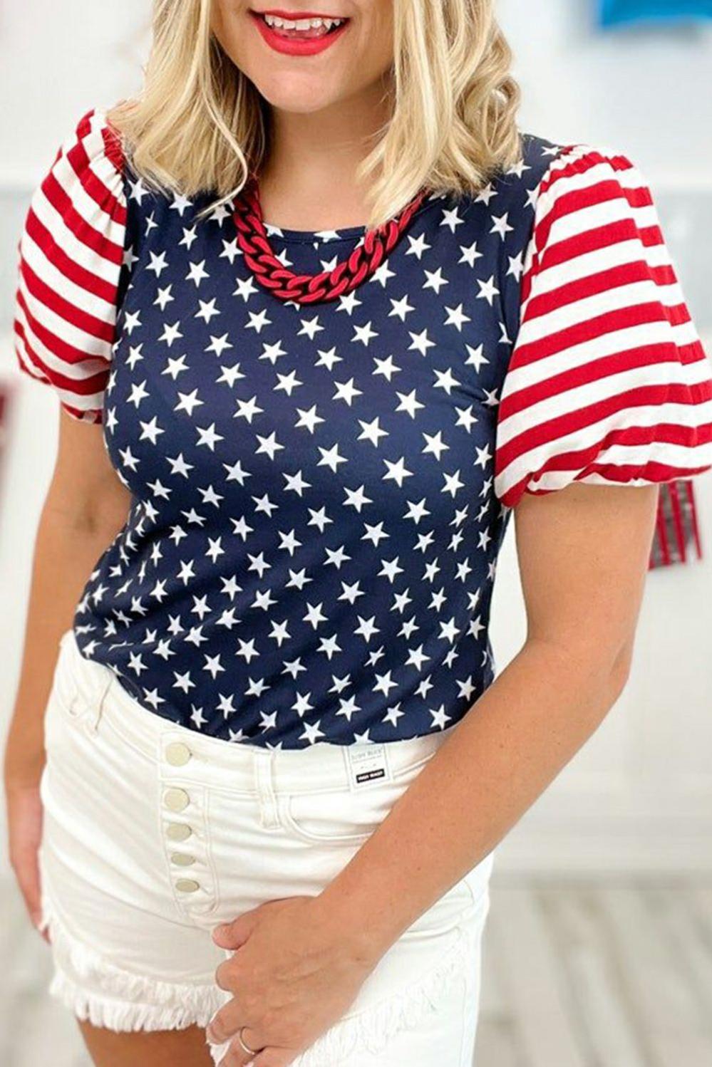 Womens  Tops & Tees | Navy Blue 4th Of July Stars Stripes Puff Sleeve T Shirt TOPS Navy Blue