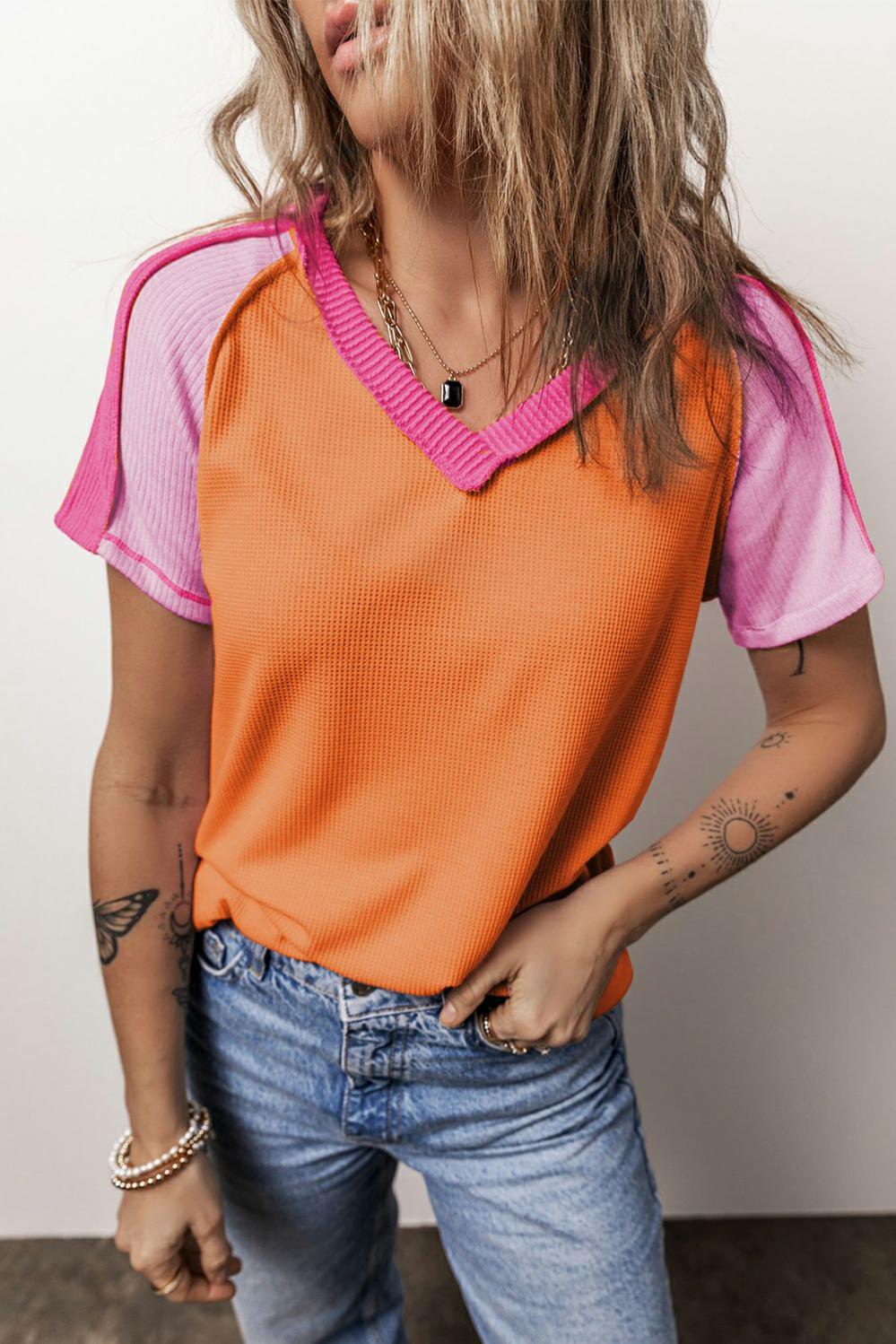 Womens  Tops & Tees | Orange Exposed Seam Color Block Knitted V Neck T-shirt TOPS Orange