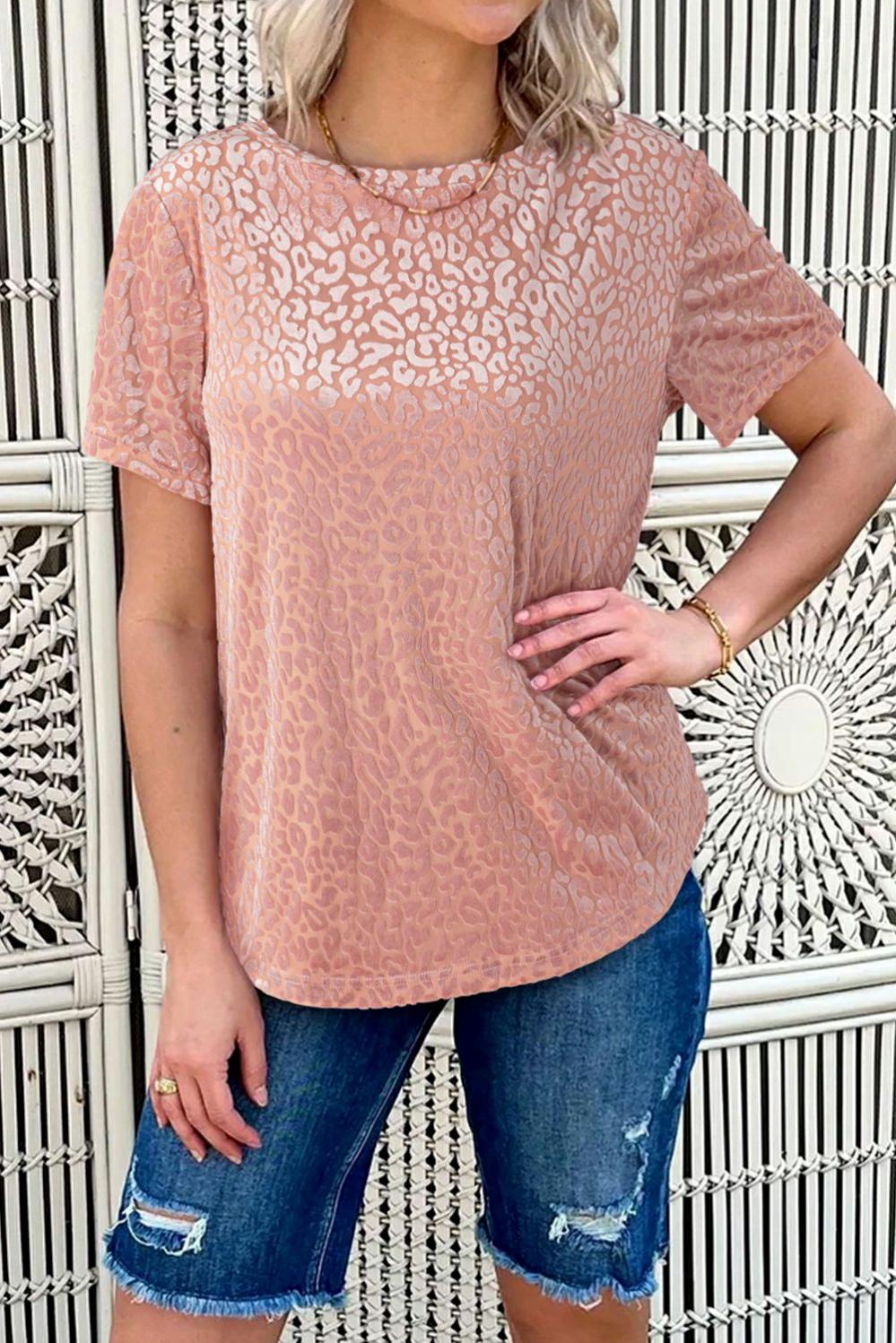 Womens  Tops & Tees | Pink Burnout Velvet Leopard Print Short Sleeve Top TOPS Pink