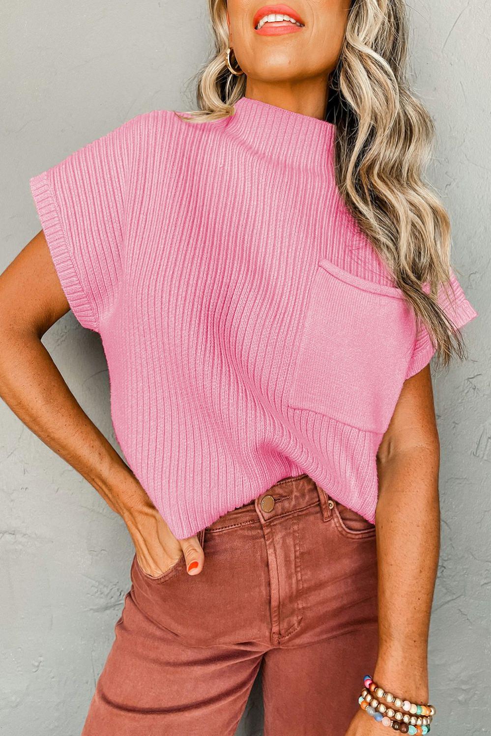 Womens  Tops & Tees | Pink Patch Pocket Ribbed Knit Short Sleeve Sweater TOPS Pink