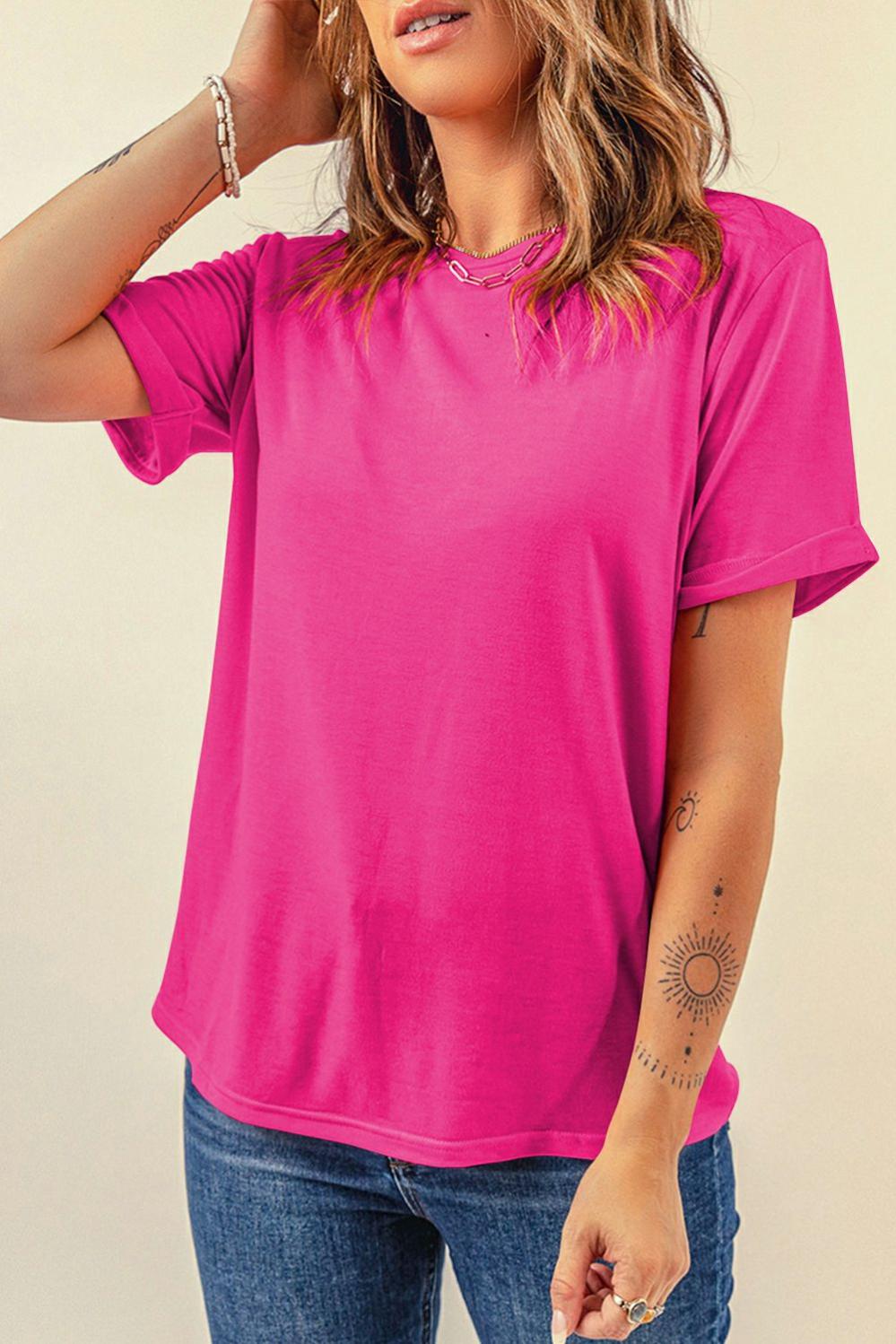 Womens  Tops & Tees | Rose Red Casual Plain Crew Neck Tee TOPS Rose Red