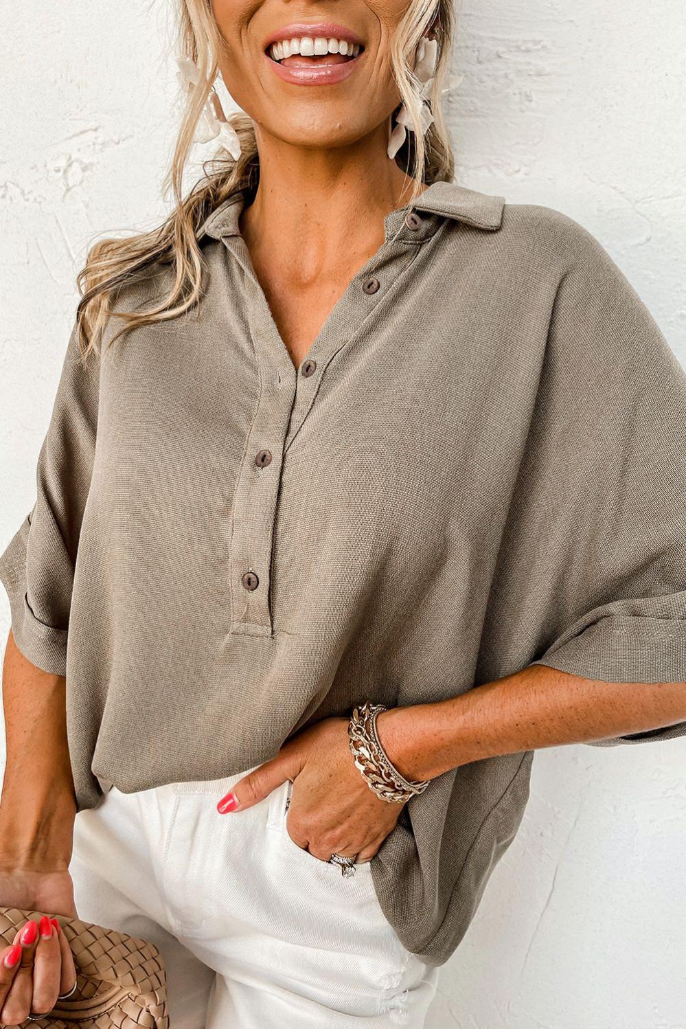 Womens  Tops & Tees | Simply Taupe Collared Half Buttons Folded Short Sleeve Oversize Top TOPS Simply Taupe