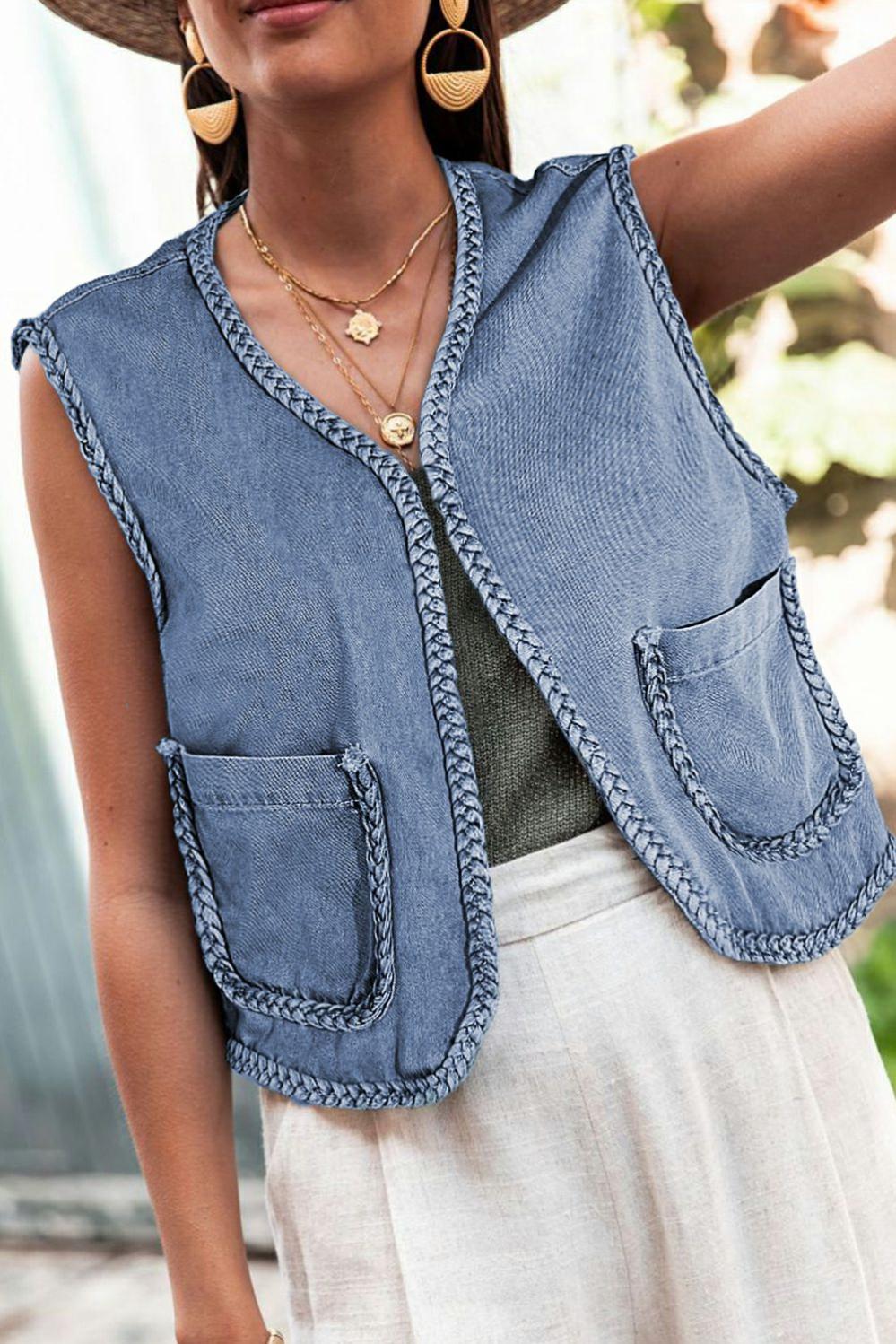 Womens  Vest | Ashleigh Blue Braided Trim Pocketed Denim Vest OUTERWEAR Ashleigh Blue