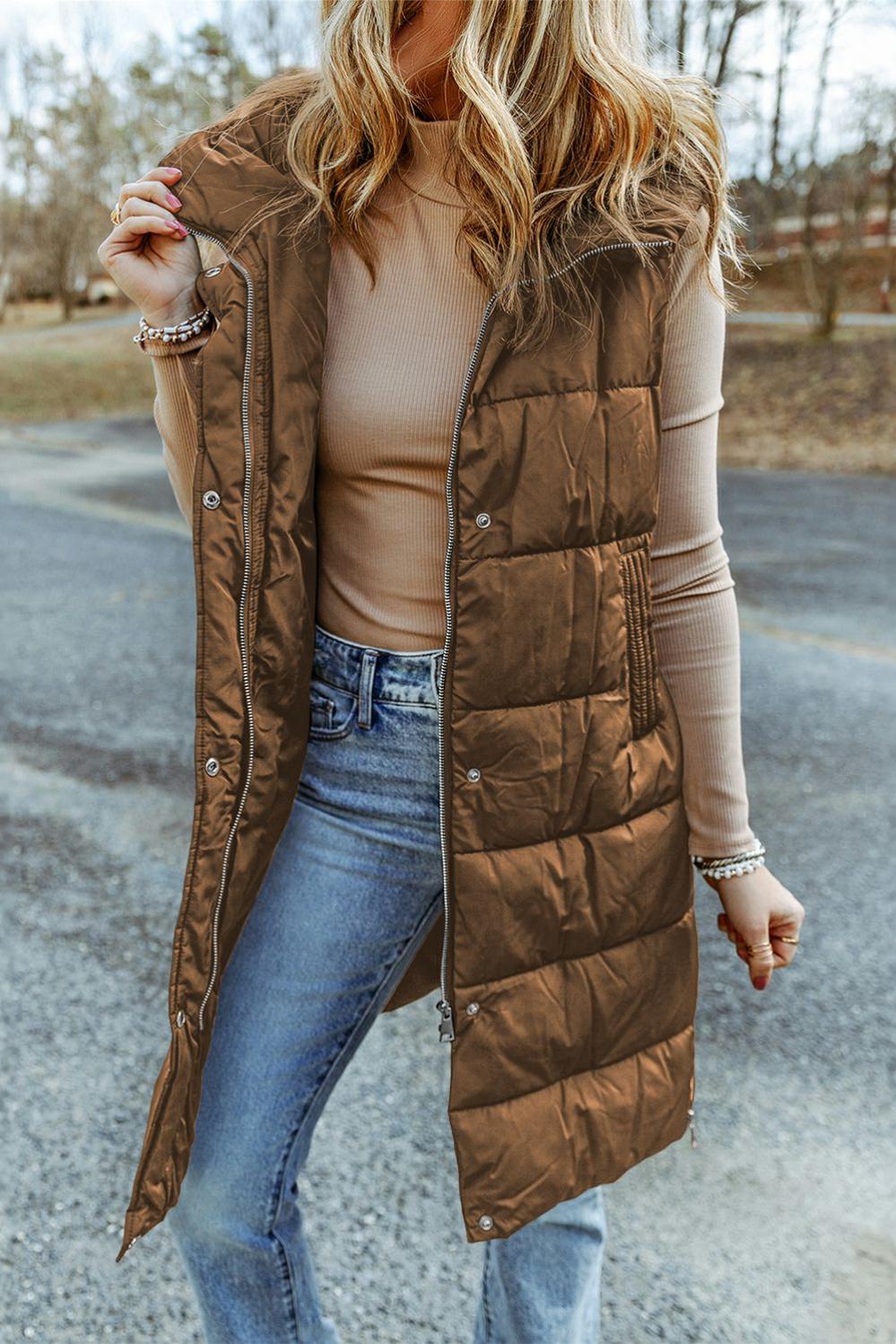 Womens  Vest | Chestnut Hooded Long Quilted Vest Coat OUTERWEAR Chestnut