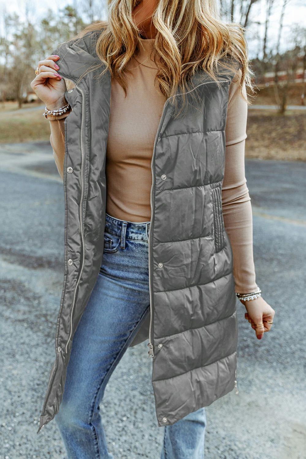 Womens  Vest | Dark Grey Hooded Long Quilted Vest Coat OUTERWEAR Dark Grey