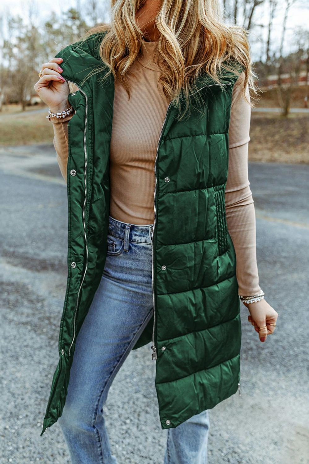 Womens  Vest | Green Hooded Long Quilted Vest Coat OUTERWEAR Green