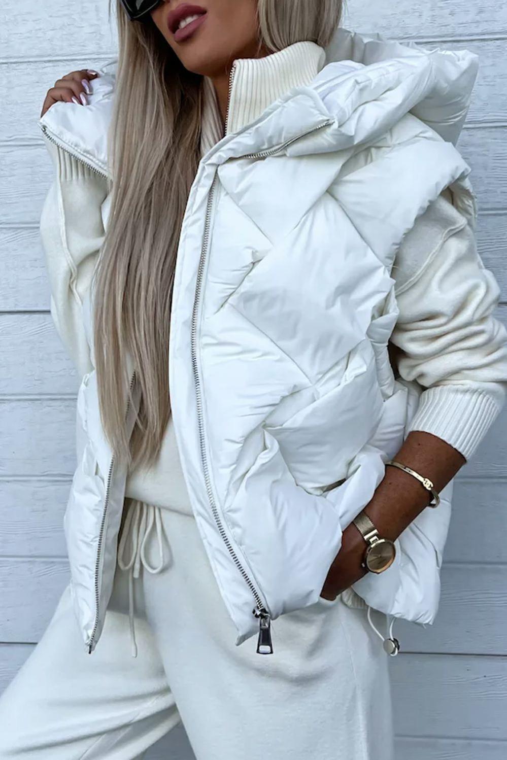 Womens  Vest | White Quilted Zipper Front Hooded Vest Coat OUTERWEAR Vest