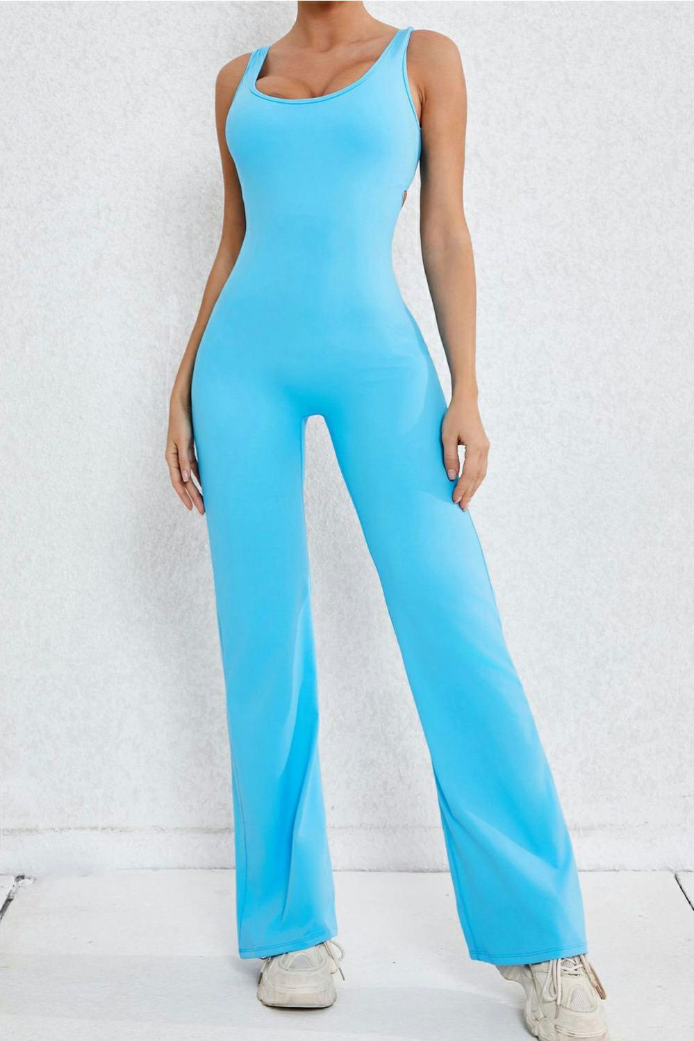 Womens  Yoga Jumpsuits | Sky Blue Solid Cut Out Backless Wide Leg Yoga Jumpsuit ACTIVEWEAR Sky Blue