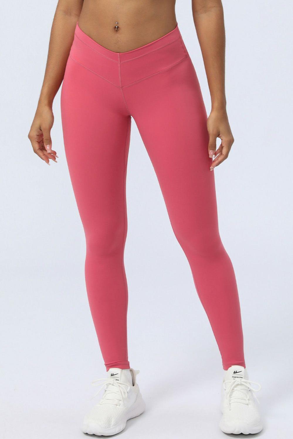 Womens  Yoga Pants | Strawberry Pink Seam Detail V-shape Dipped Waist Fitness Leggings ACTIVEWEAR Strawberry Pink