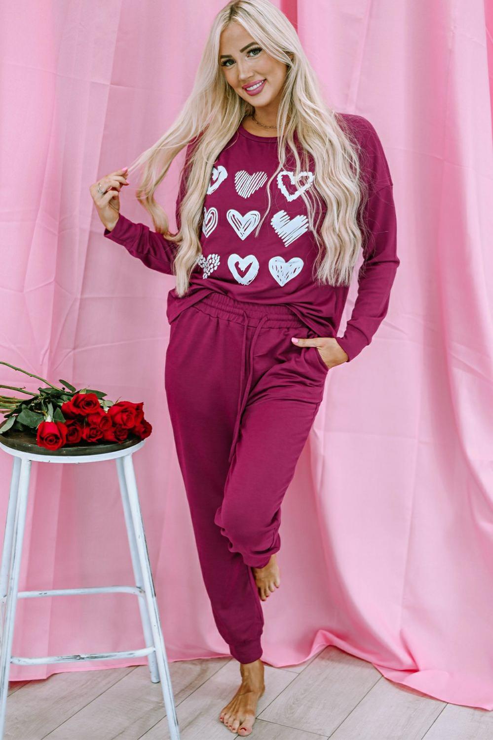 Womens  Graphic Sets | Red Heart Graphic Pullover and Drawstring Pants Lounge Set GRAPHIC Graphic Sets