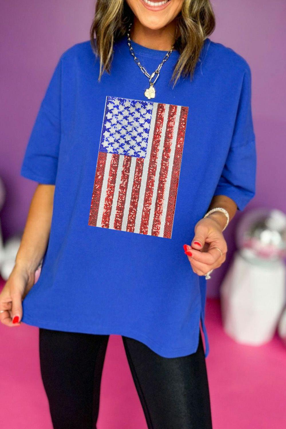 Womens  Graphic Tees | Dark Blue Sequin American Flag Graphic Split Baggy T Shirt GRAPHIC Dark Blue