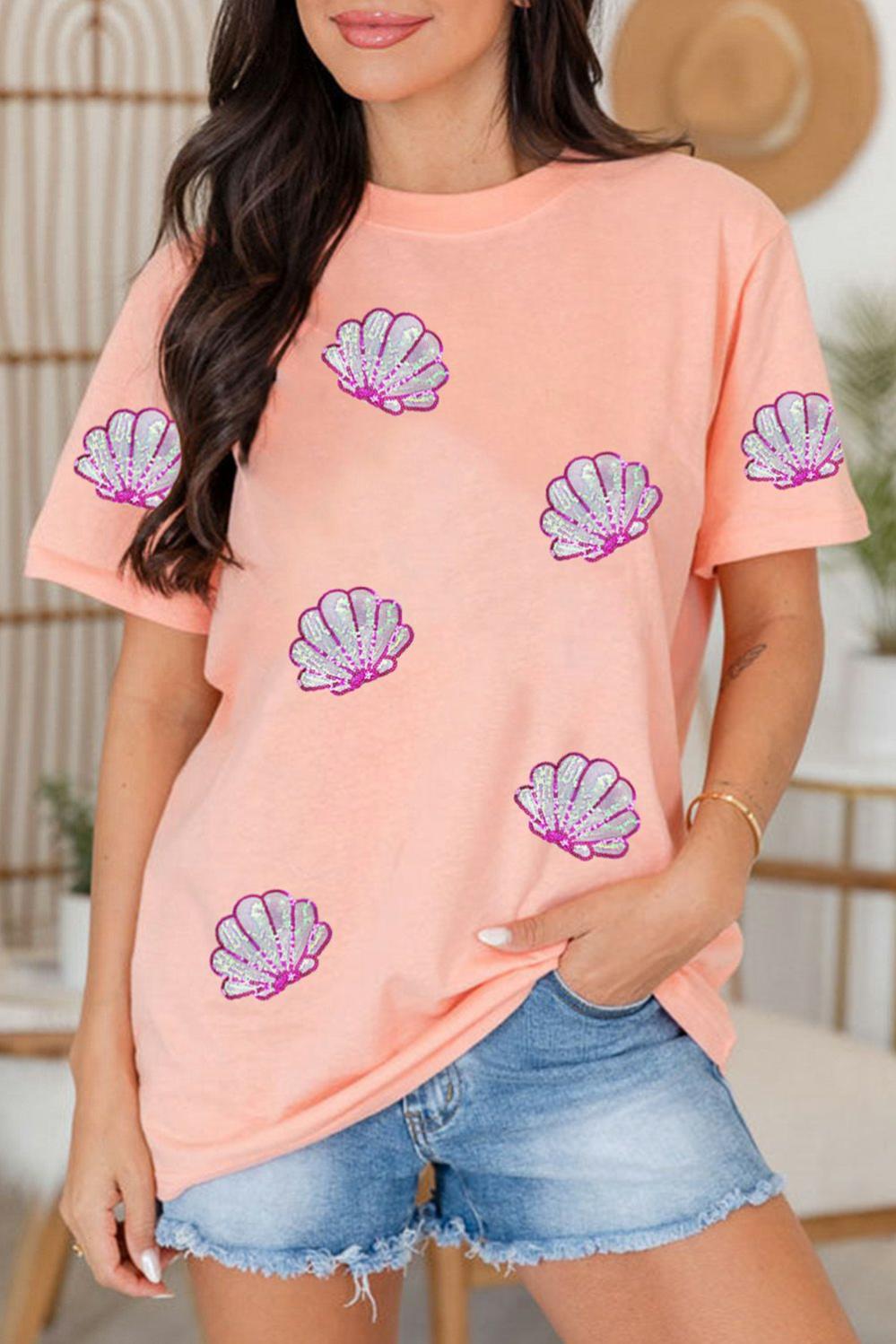 Womens  Graphic Tees | Pink Sequin Shell Graphic Round Neck T Shirt GRAPHIC Graphic Tees