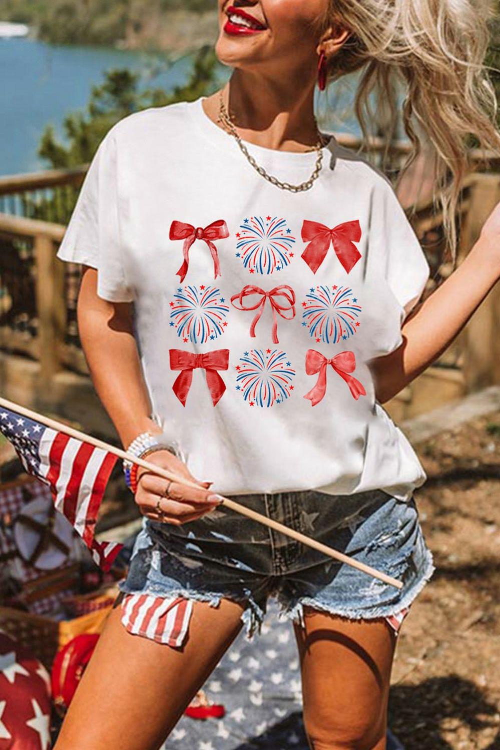 Womens  Graphic Tees | White July 4th Celerbration Bowknot Firework Graphic Tee GRAPHIC Graphic Tees