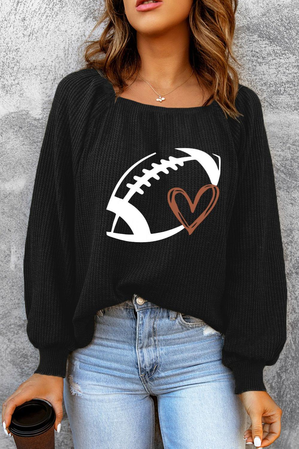 Womens  Long Sleeve Graphic Tees | Black Rugby Print Square Neck Puff Sleeve Waffle Top GRAPHIC Black