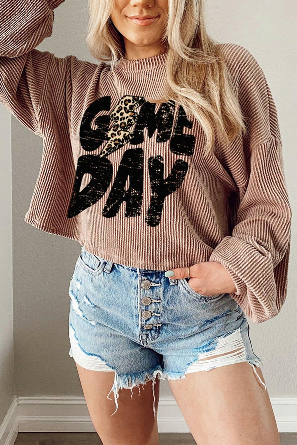 Womens  Long Sleeve Graphic Tees | Khaki Game Day Graphic Crop Corded Knit Top GRAPHIC Khaki