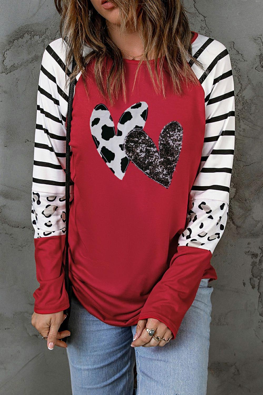 Womens  Long Sleeve Graphic Tees | Red Double Heart Patch Contrast Long Sleeve Top GRAPHIC Long Sleeve Graphic Tees