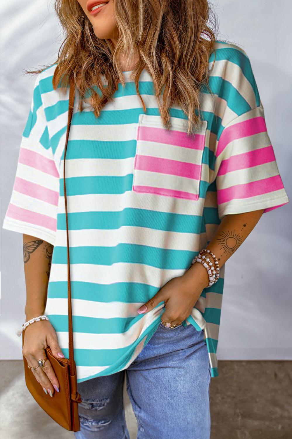 Womens  Tops & Tees | Blue Stripe Contrast Patch Pocket Drop Sleeve T Shirt TOPS Blue Stripe