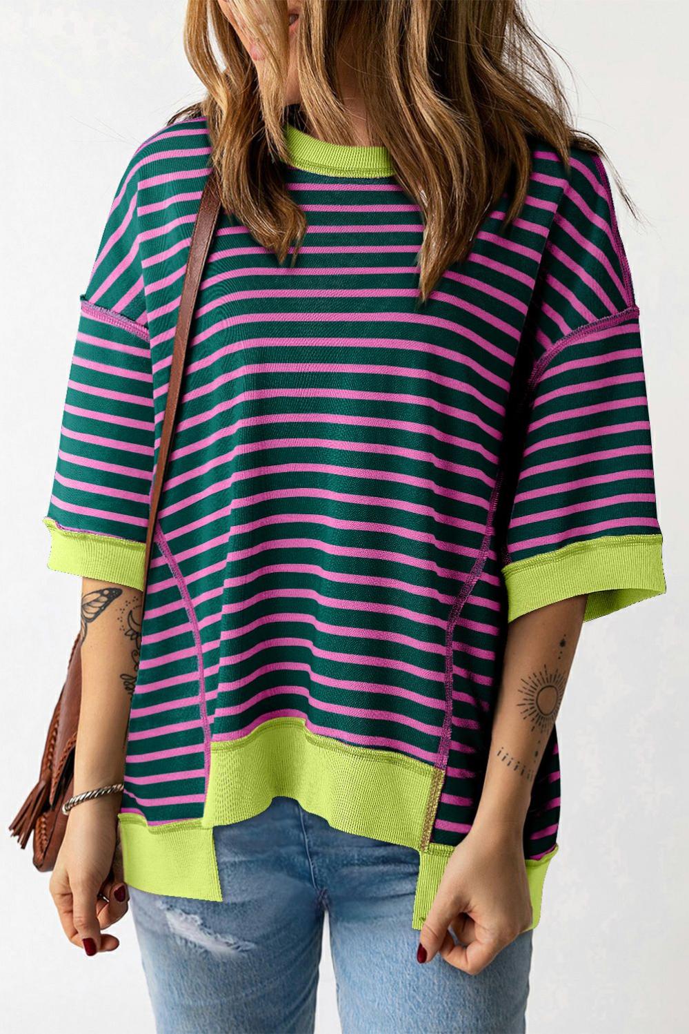 Womens  Tops & Tees | Green Stripe Oversized Contrast Trim Exposed Seam High Low T Shirt TOPS Green Stripe