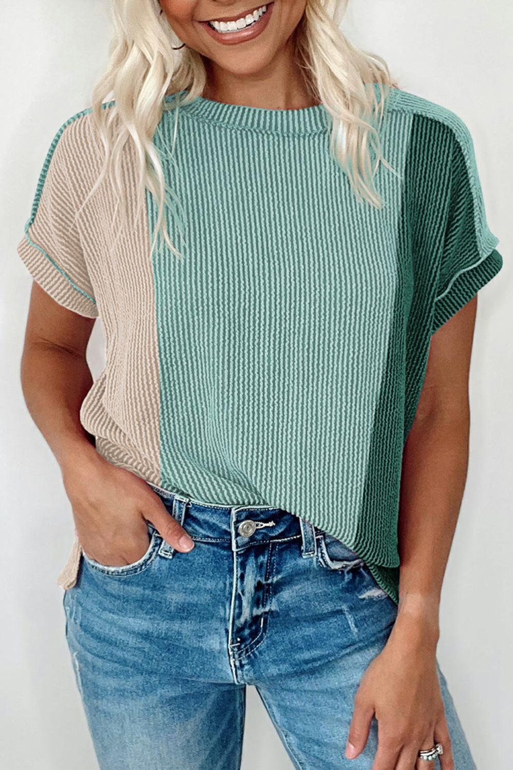 Womens  Tops & Tees | Mint Green Textured Colorblock Crew Neck T Shirt TOPS Mint Green