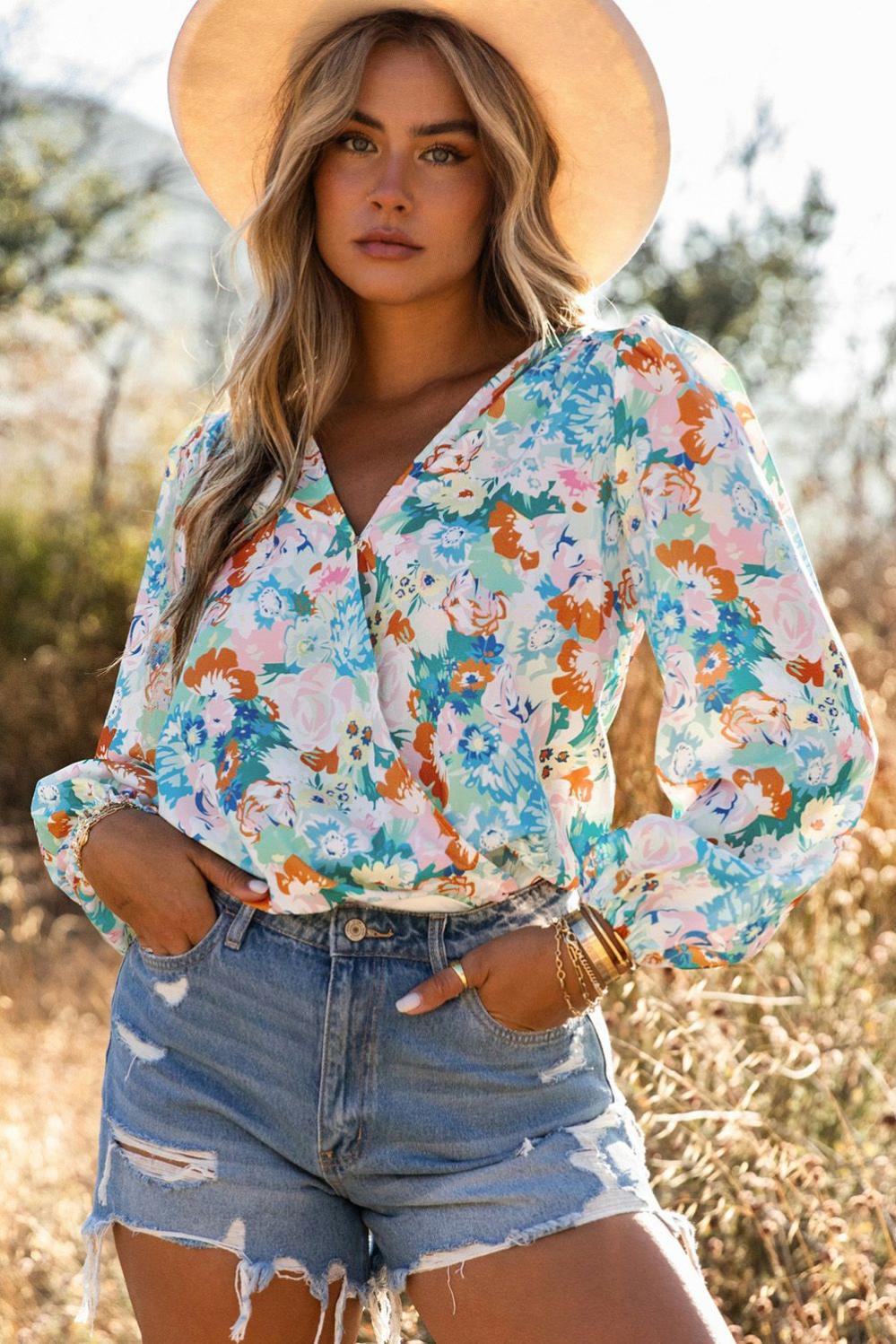 Womens  Bodysuits | Sky Blue Floral Print Wrap Long Sleeve Bodysuit Bodysuits Bodysuits