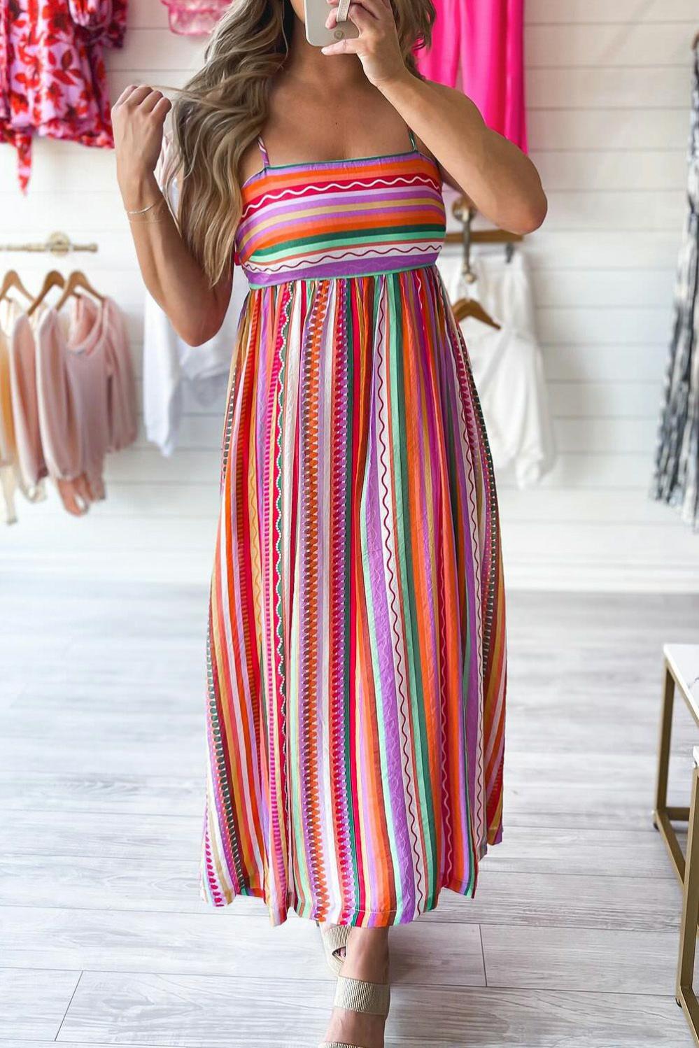 Womens  Boho Dresses | Multicolour Striped Thin Straps Smocked Back Boho Maxi Dress Boho Dresses Boho Dresses