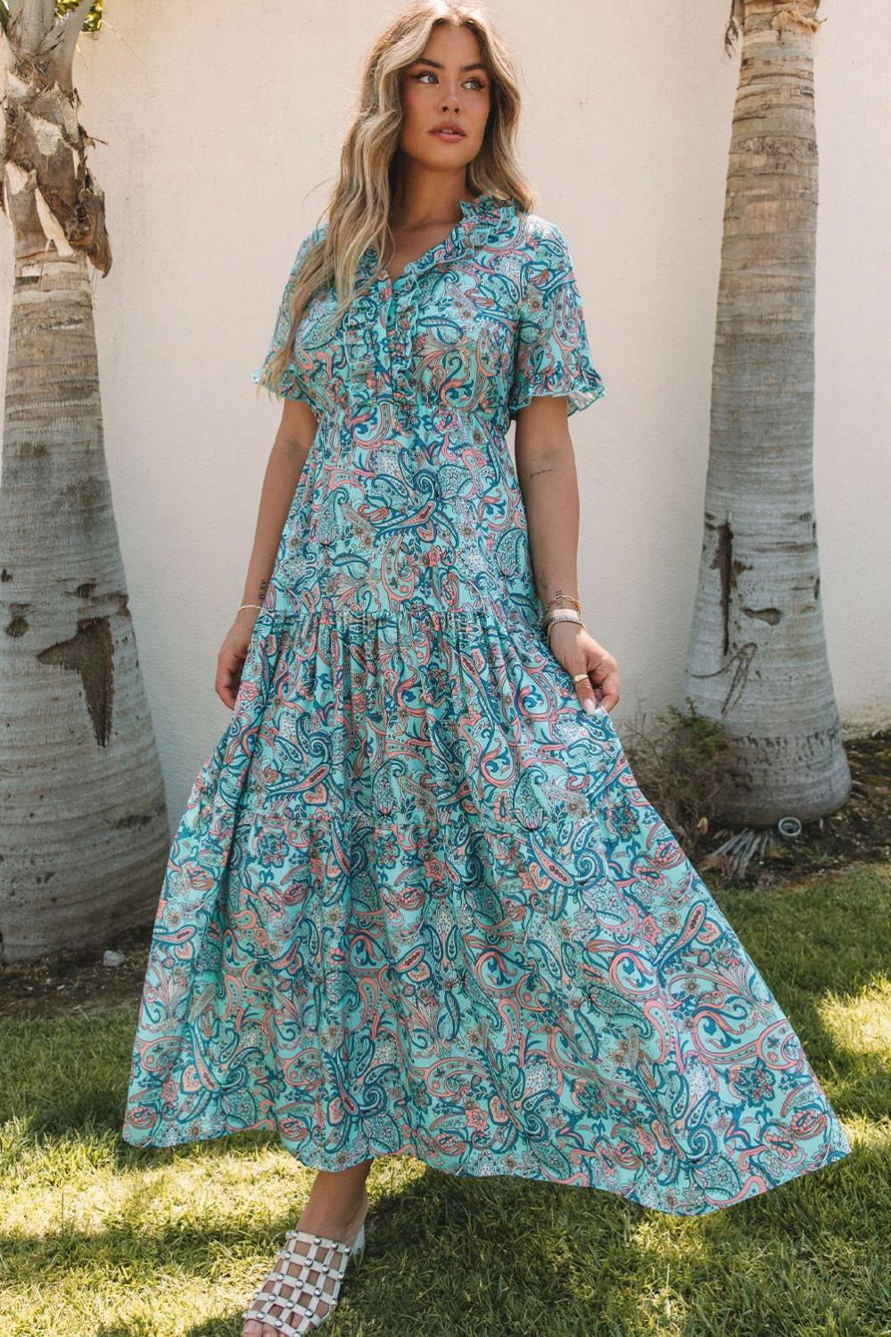 Womens  Boho Dresses | Sky Blue Paisley Print Boho Holiday Ruffle Tiered Maxi Dress Boho Dresses Boho Dresses