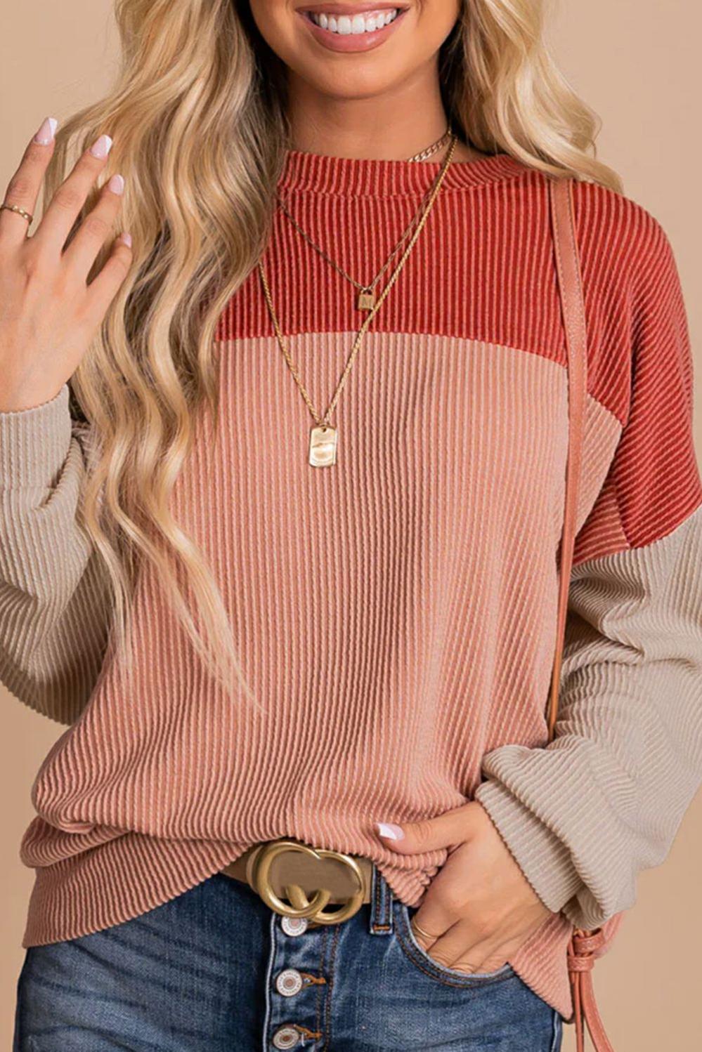 Womens  Long Sleeve Tops | Fiery Red Color Block Long Sleeve Ribbed Loose Top Long Sleeve Tops Fiery Red