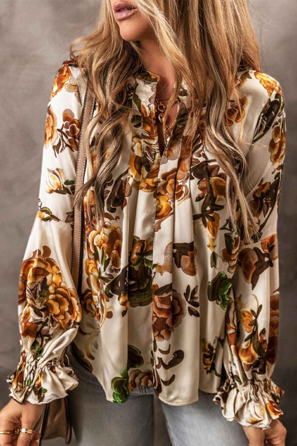 Womens  Blouses & Shirts | Apricot Gorgeous Floral Split Neck Flounce Sleeve Blouse Blouses & Shirts Apricot