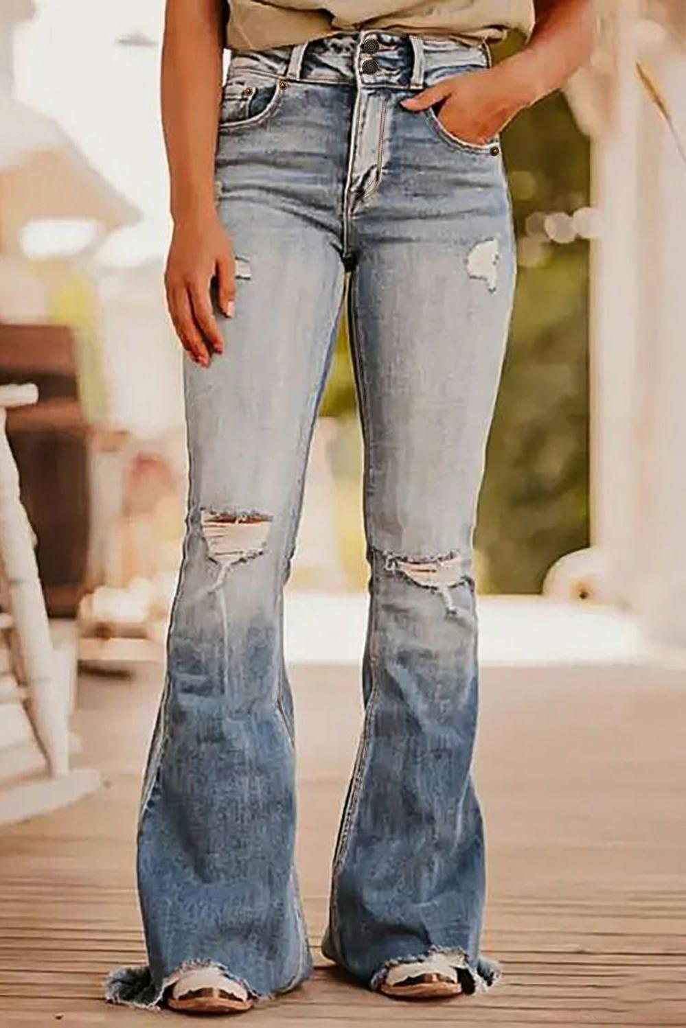 Womens  Jeans | Dusk Blue Vintage Light Wash Ripped Raw Edge Flare Jeans BOTTOMS Dusk Blue