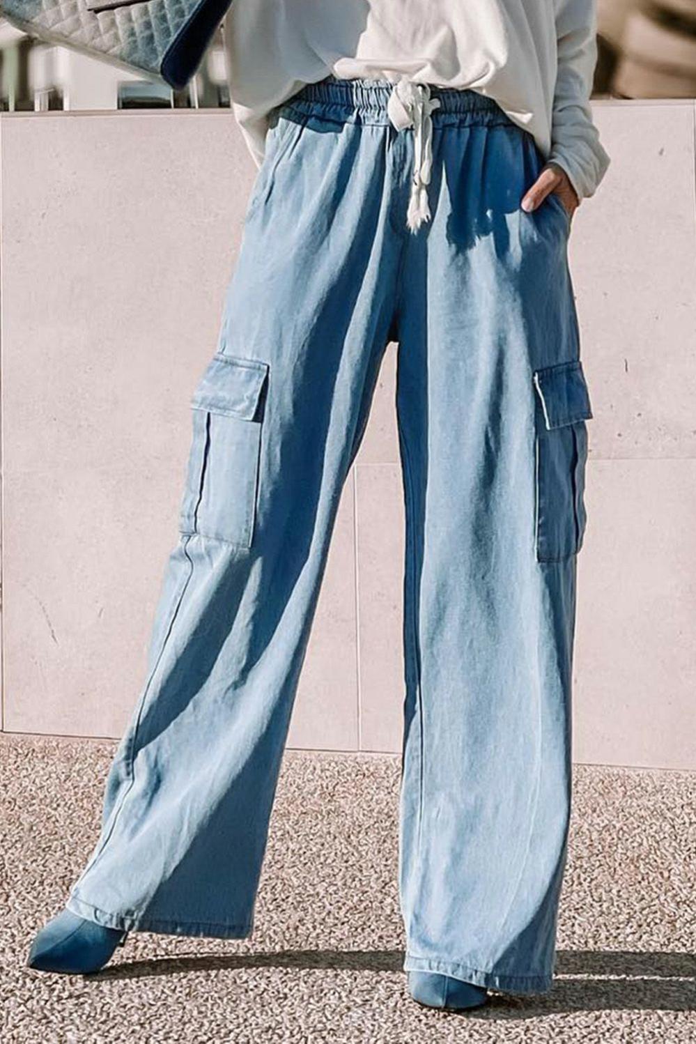 Womens  Jeans | Sky Blue Drawstring High Waist Cargo Pocket Wide Leg Jeans BOTTOMS Jeans