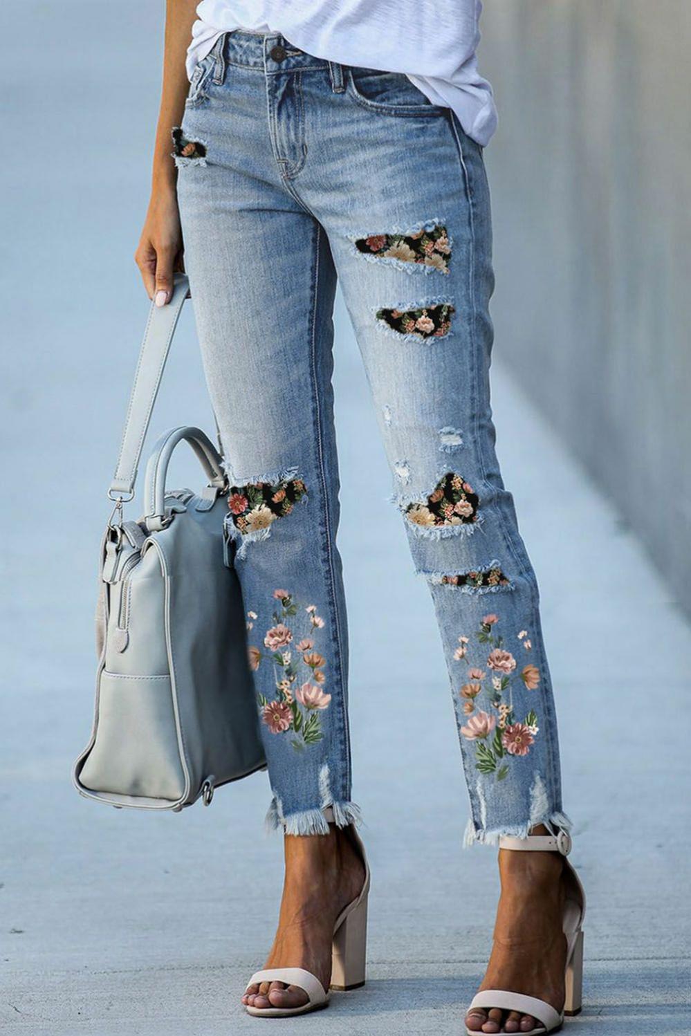 Womens  Jeans | Sky Blue Printed Patch Ripped Skinny Jeans BOTTOMS Jeans