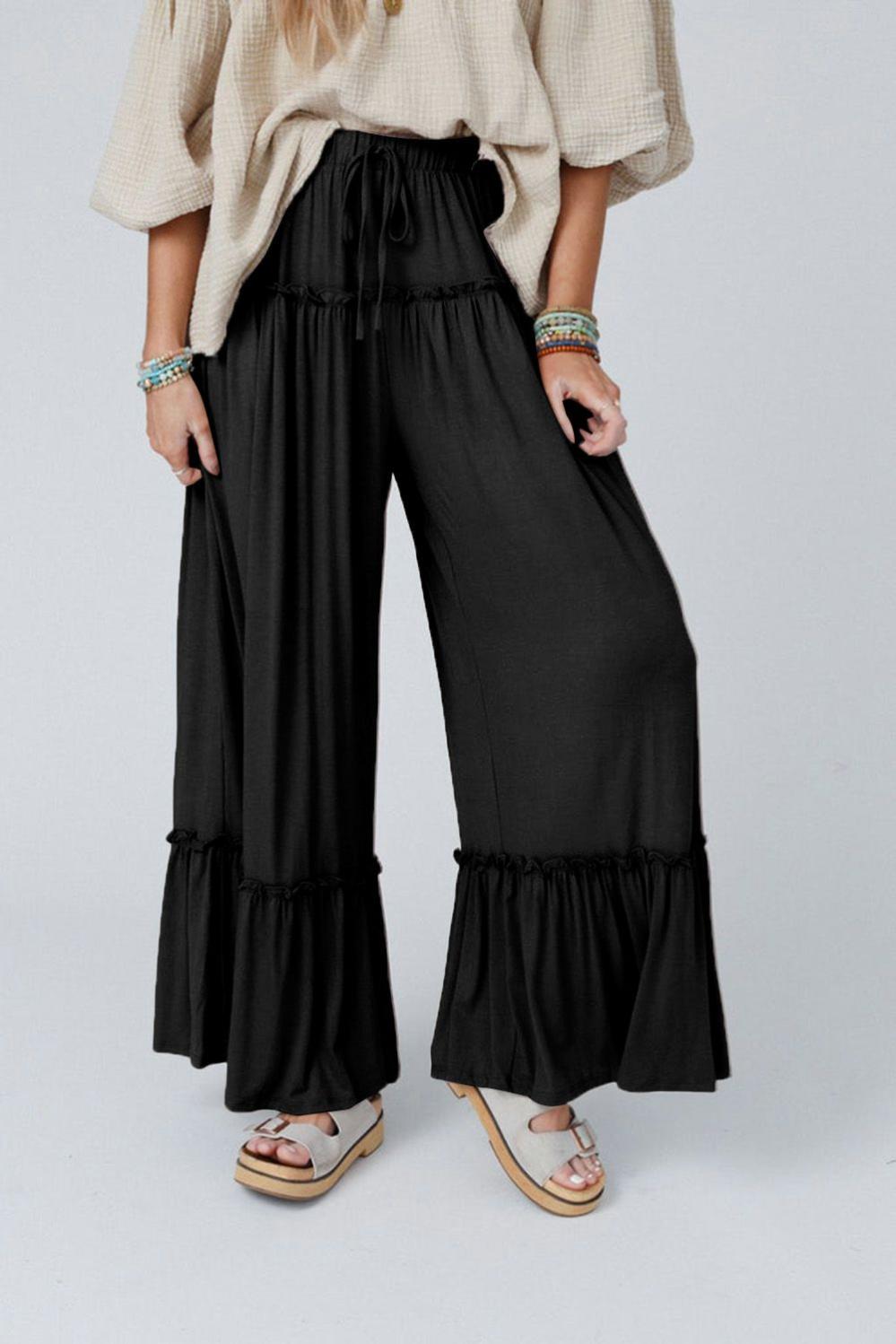 Womens  Pants & Culotte | Black Frilled Drawstring High Waist Wide Leg Pants BOTTOMS Black