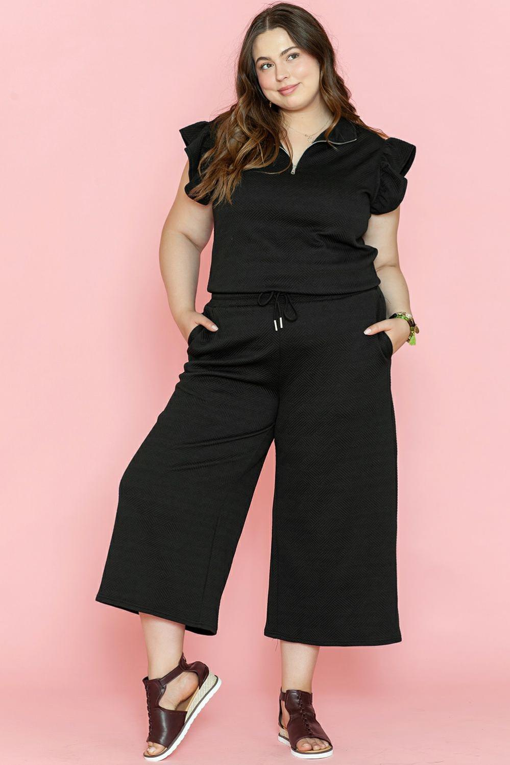 Womens  Plus Size Bottoms | Black Plus Ruffled Sleeve Quarter Zip Top Wide Leg Pants Set PLUS SIZE Black