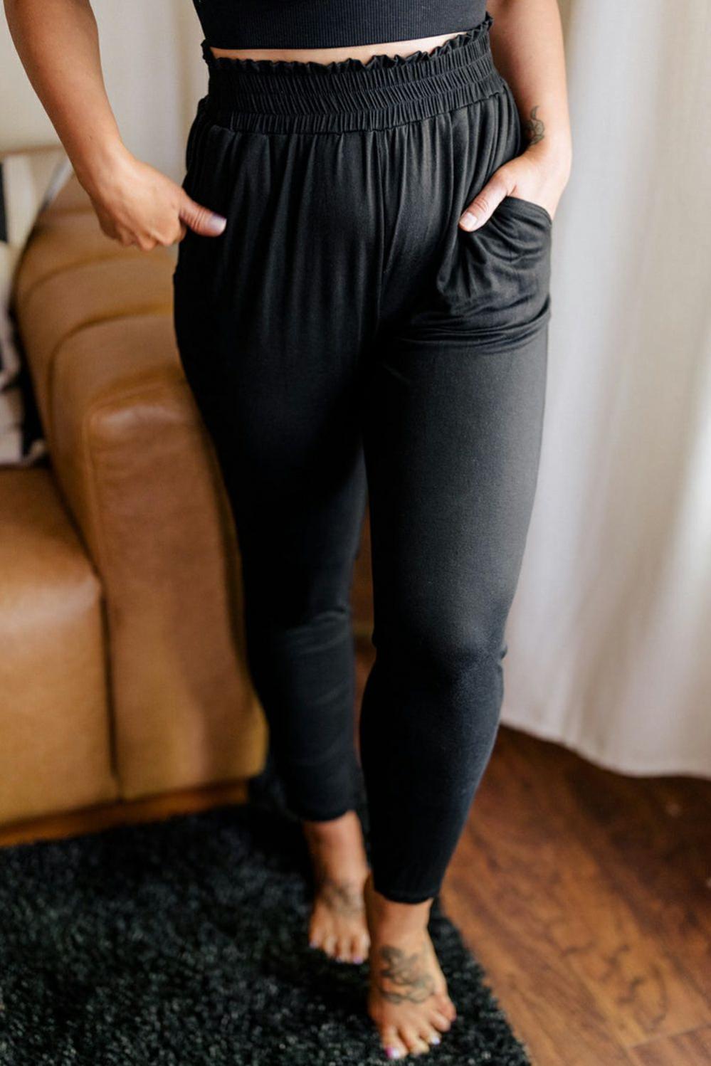 Womens  Plus Size Bottoms | Black Plus Size Frill High Waist Pocketed Soft Pants PLUS SIZE Black